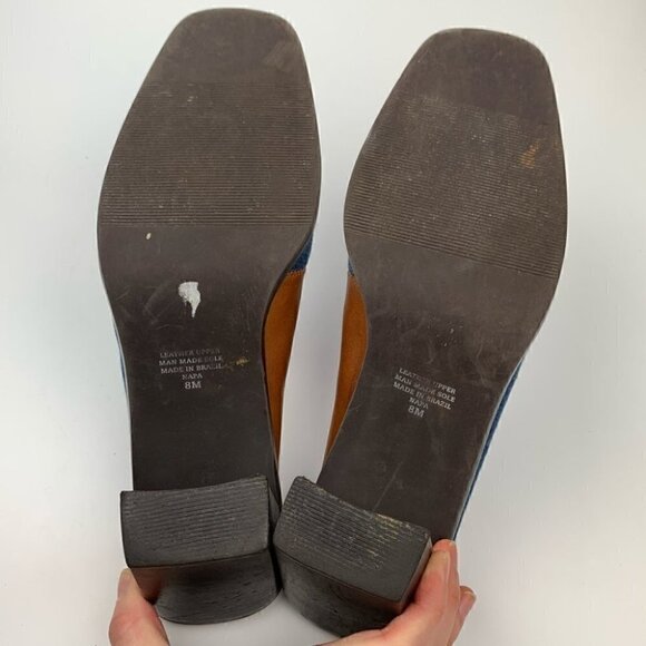 Worthington Napa heels size 8 cognac leather denim square toe mules western 90s - Picture 7 of 11